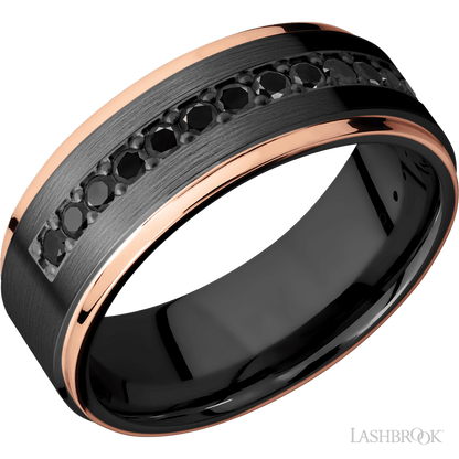8 mm wide/Flat Grooved Edges/Zirconium band with a Half Eternity arrangement of .03 carat Round Black Diamond stones in a Bead setting and featuring two 1 mm Edge inlays of 14K Rose Gold
