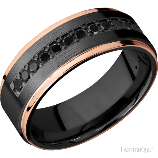 8 mm wide/Flat Grooved Edges/Zirconium band with a Half Eternity arrangement of .03 carat Round Black Diamond stones in a Bead setting and featuring two 1 mm Edge inlays of 14K Rose Gold