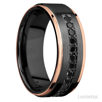 8 mm wide/Flat Grooved Edges/Zirconium band with a Half Eternity arrangement of .03 carat Round Black Diamond stones in a Bead setting and featuring two 1 mm Edge inlays of 14K Rose Gold
