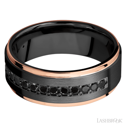 8 mm wide/Flat Grooved Edges/Zirconium band with a Half Eternity arrangement of .03 carat Round Black Diamond stones in a Bead setting and featuring two 1 mm Edge inlays of 14K Rose Gold