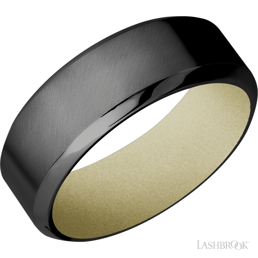 8 mm wide High Bevel Zirconium band featuring a Bright Nickel sleeve.
