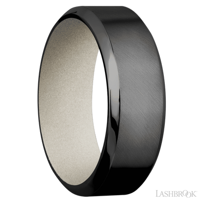 8 mm wide High Bevel Zirconium band featuring a Bright Nickel sleeve.