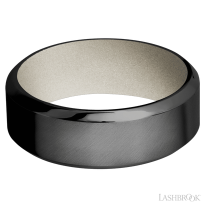 8 mm wide High Bevel Zirconium band featuring a Bright Nickel sleeve.