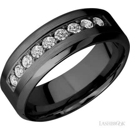 8 mm wide/High Bevel/Zirconium band with an  arrangement of 9, .05 carat Round Diamond stones in a Bead setting.