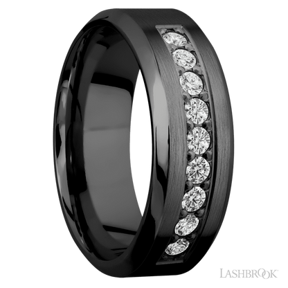 8 mm wide/High Bevel/Zirconium band with an  arrangement of 9, .05 carat Round Diamond stones in a Bead setting.