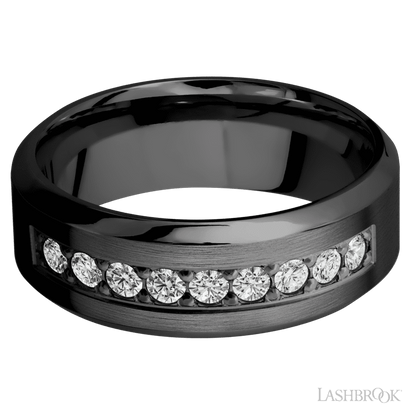 8 mm wide/High Bevel/Zirconium band with an  arrangement of 9, .05 carat Round Diamond stones in a Bead setting.