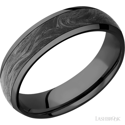 6 mm wide/Domed/Zirconium band with one 4 mm Centered inlay of Forged Carbon Fiber.