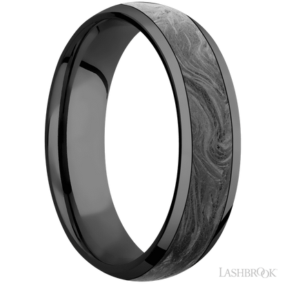 6 mm wide/Domed/Zirconium band with one 4 mm Centered inlay of Forged Carbon Fiber.