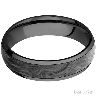 6 mm wide/Domed/Zirconium band with one 4 mm Centered inlay of Forged Carbon Fiber.