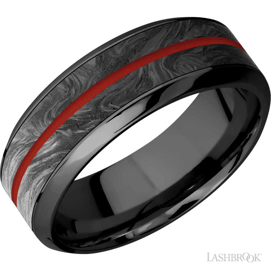8 mm wide/High Bevel/Zirconium band featuring inlays of Forged Carbon Fiber and Red Apple.