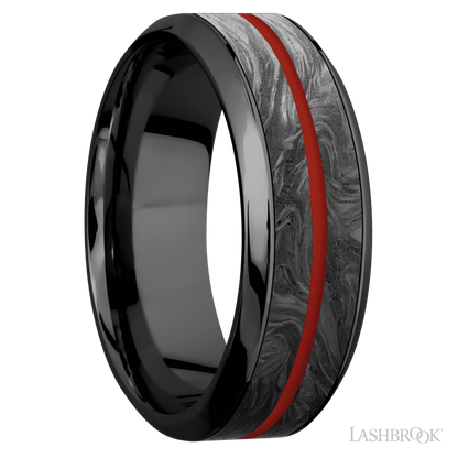 8 mm wide/High Bevel/Zirconium band featuring inlays of Forged Carbon Fiber and Red Apple.