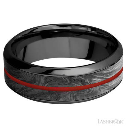 8 mm wide/High Bevel/Zirconium band featuring inlays of Forged Carbon Fiber and Red Apple.