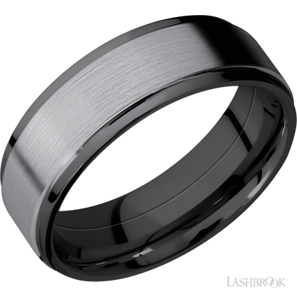 7 mm wide/Flat Grooved Edges/Zirconium band with one 5 mm Raised Centered inlay of Tantalum.