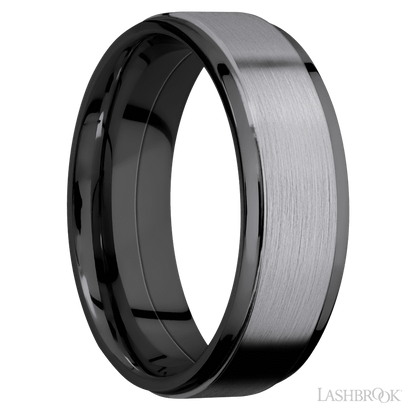 7 mm wide/Flat Grooved Edges/Zirconium band with one 5 mm Raised Centered inlay of Tantalum.
