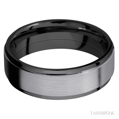 7 mm wide/Flat Grooved Edges/Zirconium band with one 5 mm Raised Centered inlay of Tantalum.