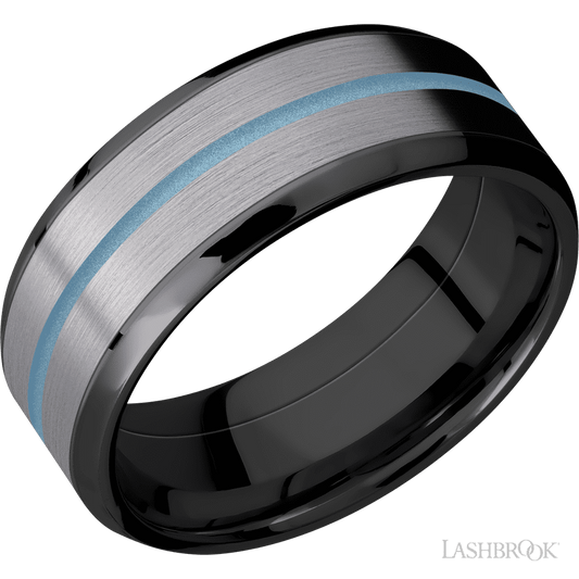 8 mm wide/Beveled/Zirconium band featuring inlays of Tantalum and Polar Blue.