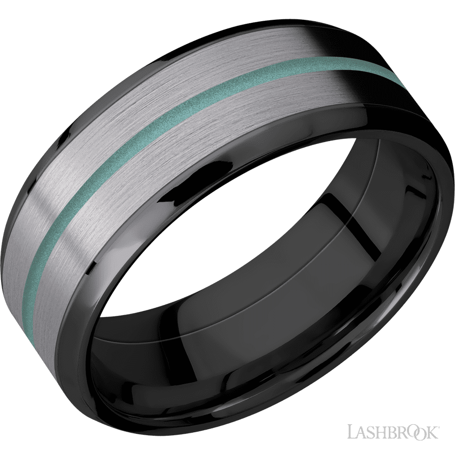 8 mm wide/Beveled/Zirconium band featuring inlays of Tantalum and Polar Blue.