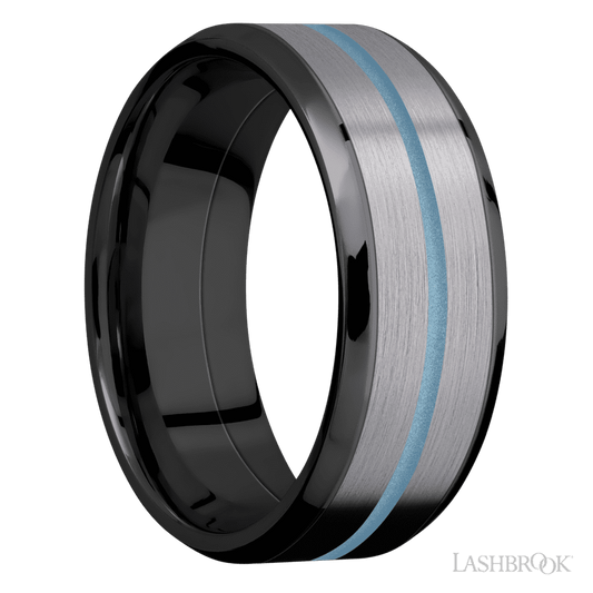 8 mm wide/Beveled/Zirconium band featuring inlays of Tantalum and Polar Blue.