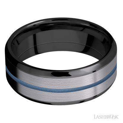 8 mm wide/Beveled/Zirconium band featuring inlays of Tantalum and Polar Blue.
