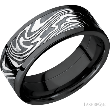 8 mm wide/Flat/Zirconium band with one 6 mm Centered inlay of Kinetic.