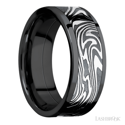 8 mm wide/Flat/Zirconium band with one 6 mm Centered inlay of Kinetic.
