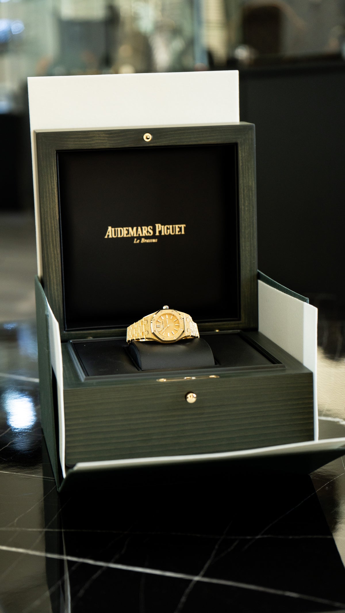 Audemars Piguet watch presented in an open display box