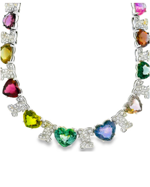 18k White Gold 54.60ct GIA Certified Diamond and Heart Shaped Multi-Color No Heat Sapphire Necklace