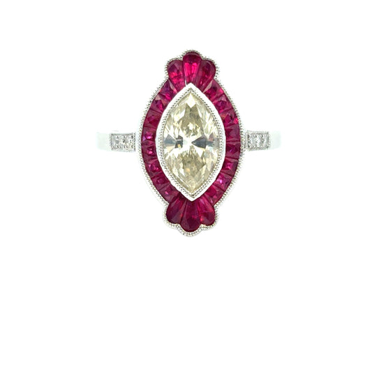 0.98 Carat Light Yellow Marquise Cut Diamond Platinum Ruby Engagement Ring