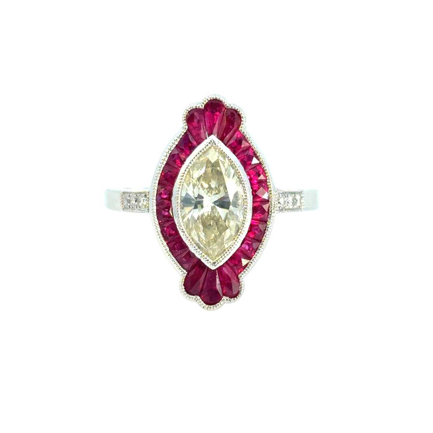 0.98 Carat Light Yellow Marquise Cut Diamond Platinum Ruby Engagement Ring