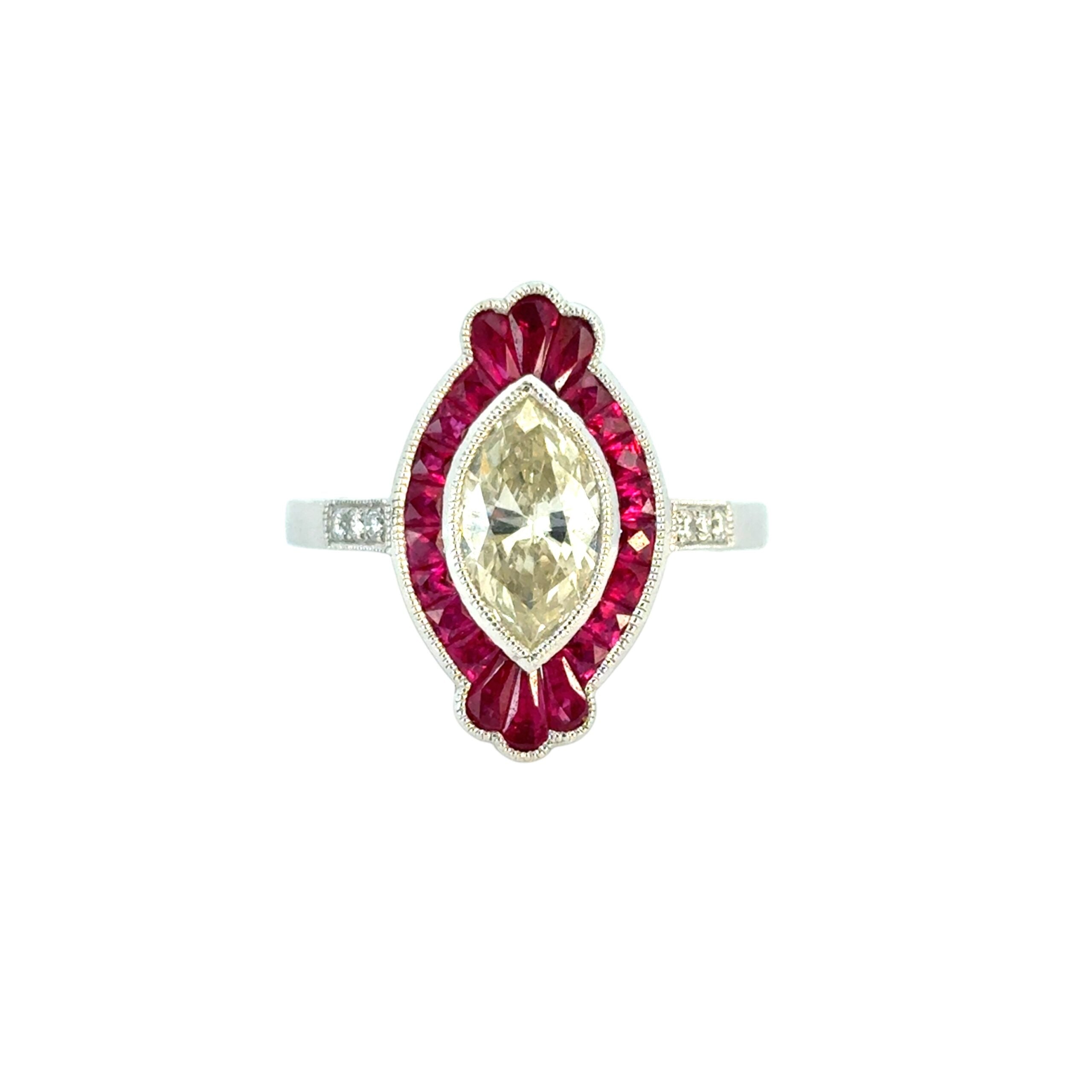 0.98 Carat Light Yellow Marquise Cut Diamond Platinum Ruby Engagement Ring