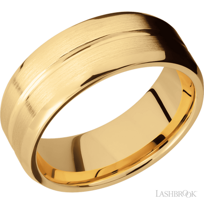 8 mm wide Beveled with Center Accent Groove 14K Yellow Gold band.