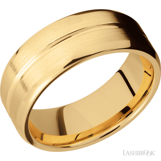 8 mm wide Beveled with Center Accent Groove 14K Yellow Gold band.