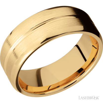 8 mm wide Beveled with Center Accent Groove 14K Yellow Gold band.
