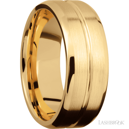 8 mm wide Beveled with Center Accent Groove 14K Yellow Gold band.