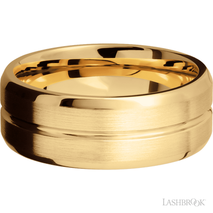 8 mm wide Beveled with Center Accent Groove 14K Yellow Gold band.