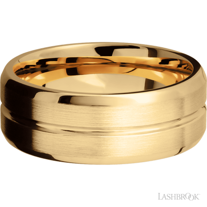 8 mm wide Beveled with Center Accent Groove 14K Yellow Gold band.