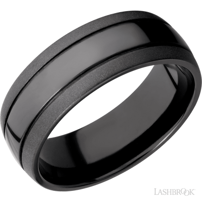 8 mm wide Domed with two accent grooves Zirconium band.