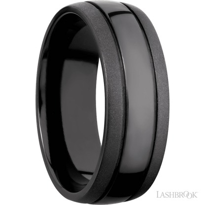 8 mm wide Domed with two accent grooves Zirconium band.