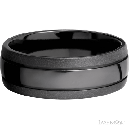 8 mm wide Domed with two accent grooves Zirconium band.