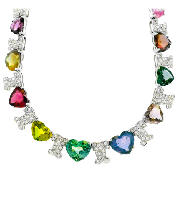 18k White Gold 54.60ct GIA Certified Diamond and Heart Shaped Multi-Color No Heat Sapphire Necklace