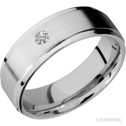 7 mm wide/Flat Grooved Edges/14K White Gold band with an  arrangement of 1, .1 carat Round Diamond stones in a Flush setting.
