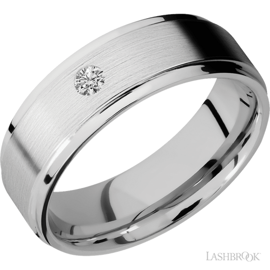 7 mm wide/Flat Grooved Edges/14K White Gold band with an  arrangement of 1, .1 carat Round Diamond stones in a Flush setting.