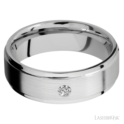 7 mm wide/Flat Grooved Edges/14K White Gold band with an  arrangement of 1, .1 carat Round Diamond stones in a Flush setting.