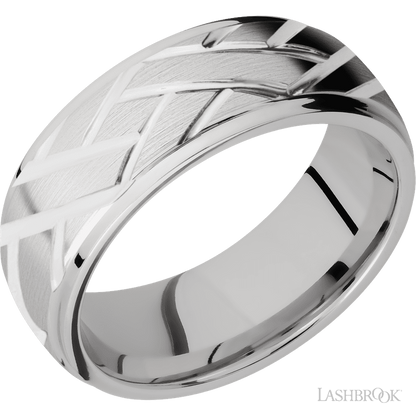 8 mm wide/Domed Stepped Down Edges/14K White Gold band with a machined Lattice pattern.