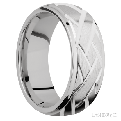 8 mm wide/Domed Stepped Down Edges/14K White Gold band with a machined Lattice pattern.