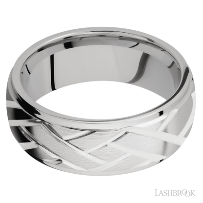 8 mm wide/Domed Stepped Down Edges/14K White Gold band with a machined Lattice pattern.