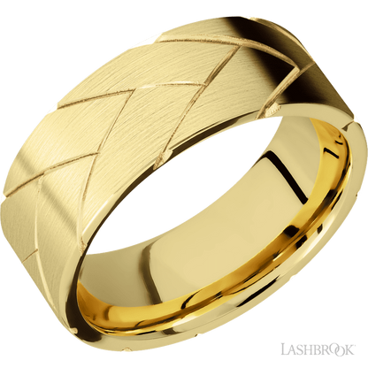 8 mm wide/Flat/14K Yellow Gold band with a machined Flatbraid pattern.