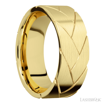8 mm wide/Flat/14K Yellow Gold band with a machined Flatbraid pattern.