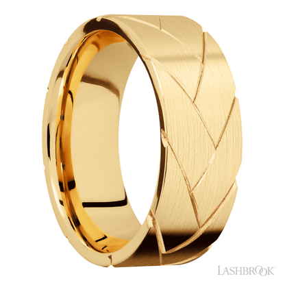 8 mm wide/Flat/14K Yellow Gold band with a machined Flatbraid pattern.