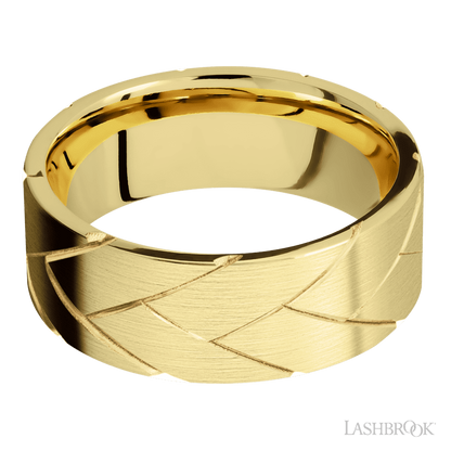 8 mm wide/Flat/14K Yellow Gold band with a machined Flatbraid pattern.